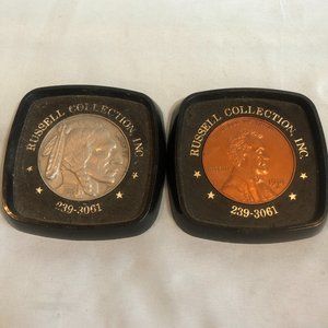 VINTAGE Russell Collection Set of 2 Coin Drink Coasters Penny & Nickel #F54